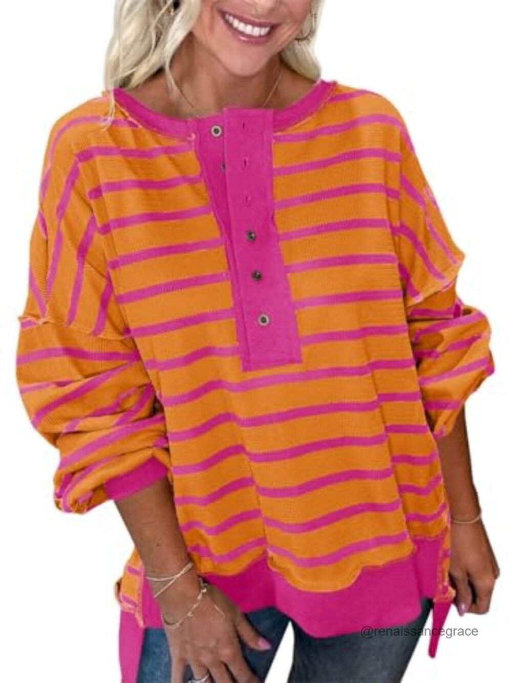 Oversized Striped Henley Sweatshirt Waffle Knit Long Sleeve Pullover Fall Winter - Picture 5 of 6